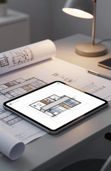 Close-up of modern architectural blueprints and a digital tablet resting on a sleek gray (#4A5568) desk, illuminated by a warm desk lamp, professional high-end look.