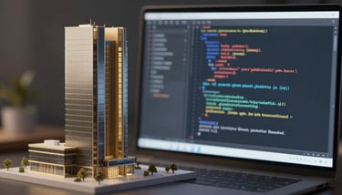 Dark blue (#1A202C) server racks in a high-tech IT data center, softly glowing with blue and subtle gold (#C4A05B) indicator lights.