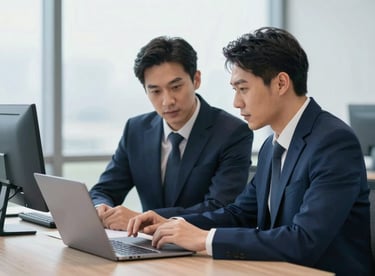 Two business professionals reviewing a digital project on a laptop in a premium office setting, wearing dark blue (#1A202C) blazers, clean and high-end.