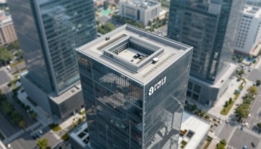 A modern minimalist commercial building exterior at dusk, large glass windows reflecting the sunset, sophisticated corporate architectural aesthetic.