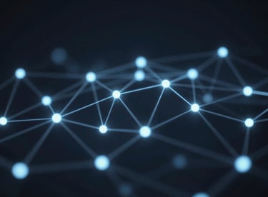 Abstract digital network nodes glowing and connecting over a dark background (#1A202C), representing seamless IT solutions and connectivity.
