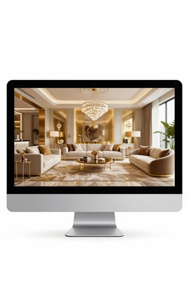 A sophisticated 3D interior design render displayed on a large high-resolution monitor, showcasing a luxurious living space with gold (#C4A05B) accents.