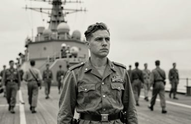 Historical black and white photograph of original Brazilian Marines on a naval deck, restored with a slight #8D9D95 sage tint, inspiring and authoritative.