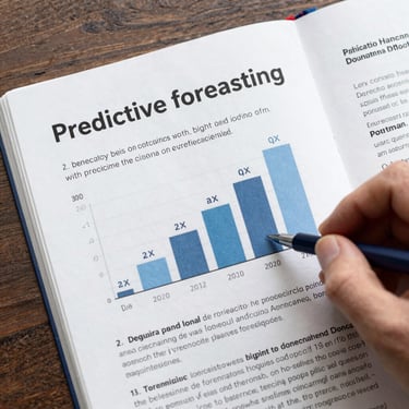 A person pointing a blue pen at a predictive forecasting bar chart in a business textbook.