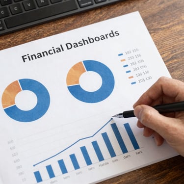 A hand holding a pen analyzes financial dashboards featuring pie charts and bar graphs on a wooden desk.