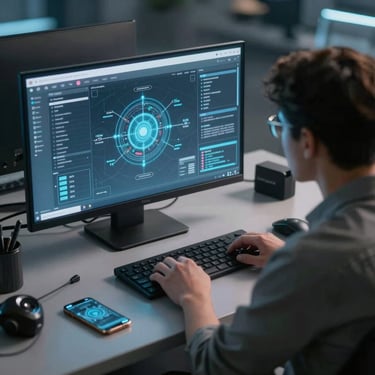 A software developer working on data security software with a digital interface on a computer monitor.