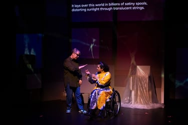 A brown wheelchair user and a white BSL interpreter sign to each other