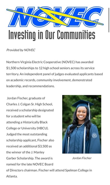 Jordan B. Fischer is a NOVEC Scholarship winner 