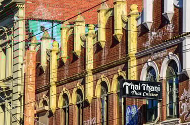 Detail of a facade on Brunswick Street in Fitzroy, Melbourne