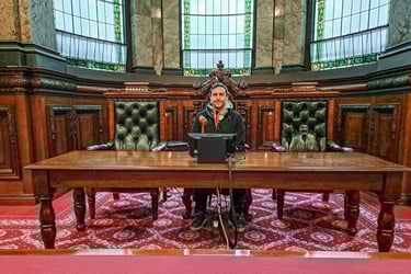 Siiting in Lord's Mayor chair in Melbourne Town Hall