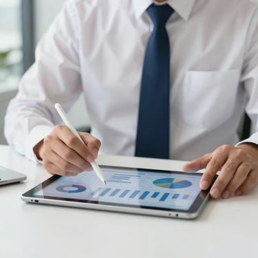 A business professional in a white shirt and navy tie using a stylus on a digital tablet to review data analytics in a modern Indonesian office. Clean, efficient, and technology-driven aesthetic.