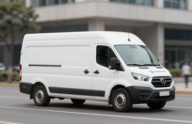 Iconic representation of a modern mobile service vehicle, clean white finish with professional branding, set against an urban backdrop. Minimalist and sharp style.