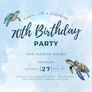 Surprise 70th birthday party invitation featuring sea turtles on a blue watercolor background.