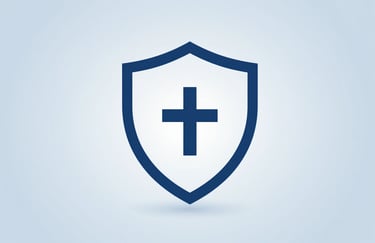 A stylized blue shield icon representing digital security and protection, designed with clean lines in #1D2D3E on a soft #A8C9D8 background.