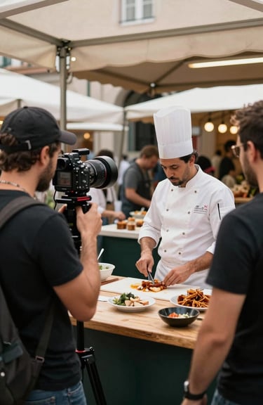 Behind-the-scenes shot of a content creation team filming a chef in a European / Portuguese artisanal market.