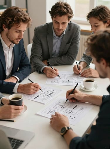 A professional European / Portuguese team collaborating around a table with coffee and marketing strategy sketches, warm lighting.