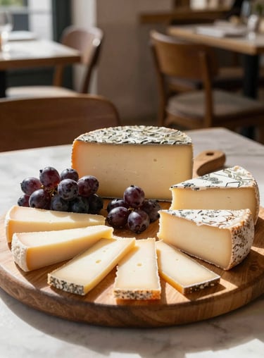 Beautifully presented artisan cheese board in a sunlit Scandinavian-style restaurant in Portugal.