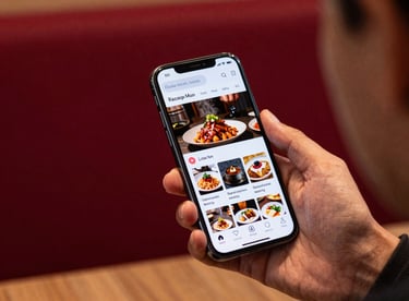 A social media manager's hand holding a smartphone displaying a sleek restaurant profile against a Deep Ripe Crimson background.