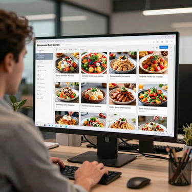 A digital marketer in a modern European / Portuguese office planning a social media grid on a large monitor showing vibrant food content.