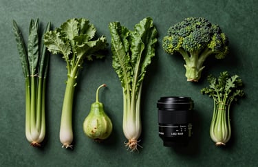 A flat-lay composition of organic vegetables on a Matte Forest Green surface, high-contrast and professional food photography style.