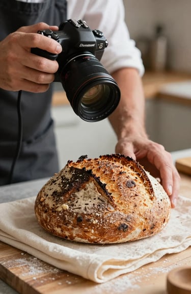 A close-up photograph of a professional photographer in a European / Portuguese kitchen capturing a rustic sourdough loaf on a Crisp Parchment cloth.