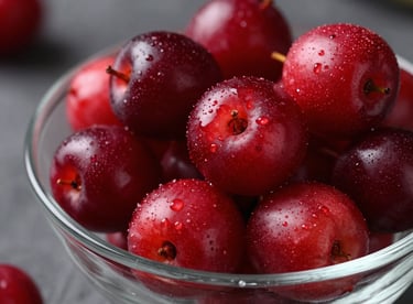 Macro shot of fresh, glossy red fruits representing the Deep Ripe Crimson brand color in an elegant glass bowl.