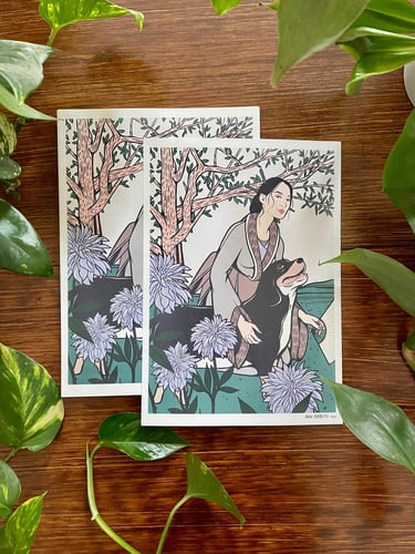 Geisha with dog digital prints designed by Agnė
