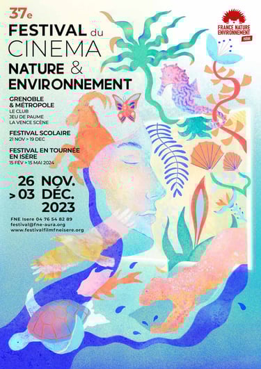 affiche illustrée représentant un visage regardant un écran d'où sortent des plantes et des animaux