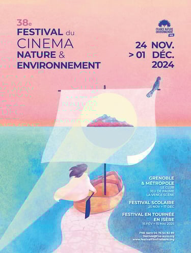 affiche illustrée représentant un bateau dont la voile est un écran de cinema et qui se dirige vers une île