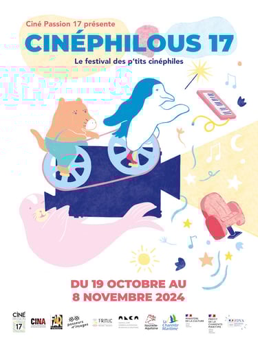 affiche illustrée représentant un pinguin chat et otarie projetant un film