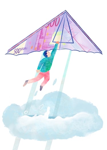 illustration représentant un personnage accroché à un deltaplane et propulsé à travers un nuage