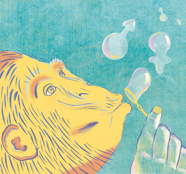 illustration d'un singe soufflant des bulles de savon en forme de symbôles mâle et femelle