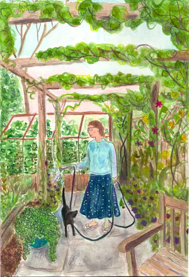 A watercolour, pencil and gouache illustration of a middle aged woman and her dog watering a garden in summer