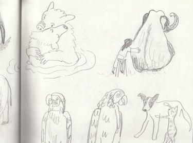 a pencil rough sketch of lots of animals
