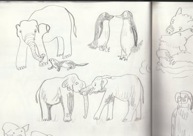 A rough sketch of animals interacting with each other from my sketchbook