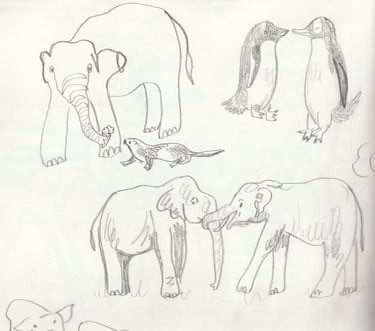 a pencil sketch of lots of animals including elephants and penguins