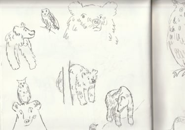 rough pencil drawings of bears and owls