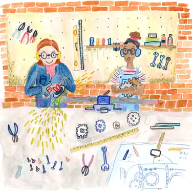 a watercolour illustration of two older children using power tools