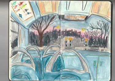 a sketchbook spread of an inside of a london bus in pencil and watercolour