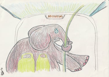 a pencil drawing of an elephant on a London bus