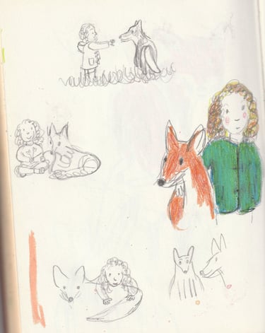 sketchbook roughs of a girl and a fox
