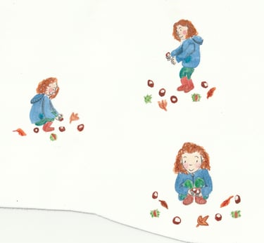 a series of images of a little girl collecting her conkers in watercolour and pencil