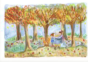 a watercolour, pencil illustration of a queer family hugging 