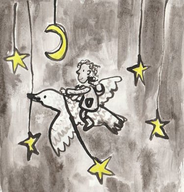 an ink drawing of a girl hanging up stars flying on a bird