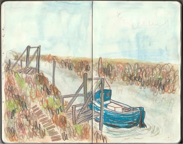a sketchbook spread of a boat in norfolk in crayon, pencil and watercolour