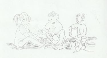 a rough sketch of children on the beach in pencil