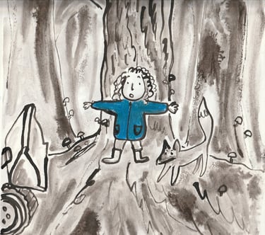an ink illustration of a girl and a fox saving a tree from diggers