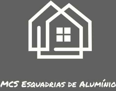 MCS Esquadrias de Alumínio logo featuring white minimalist house outlines on a grey background.