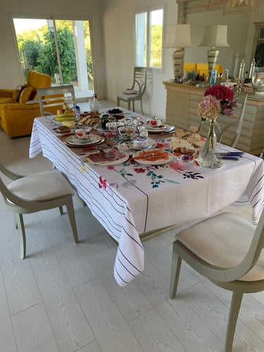 The grand, copious three-time breakfast with organic produce served indoor at Domaine Des Lucques