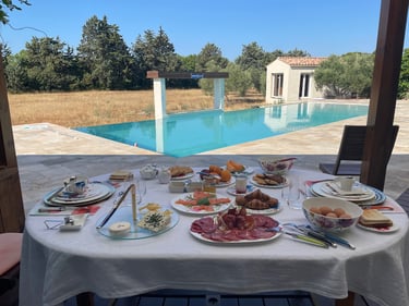 The grand, copious three-time breakfast with organic produce at Domaine Des Lucques